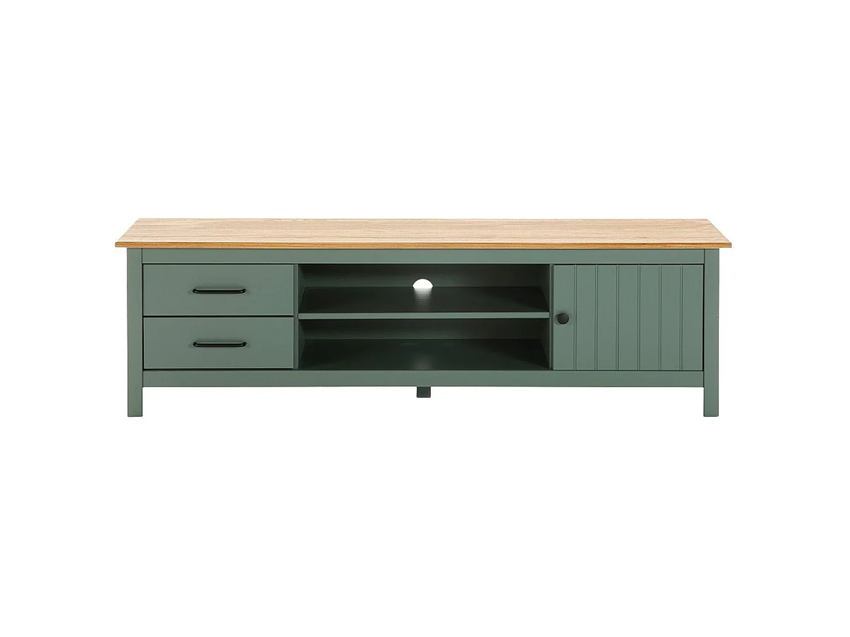 TINA - Meuble TV 1 Porte 2 Tiroirs Bois Ciré et Vert