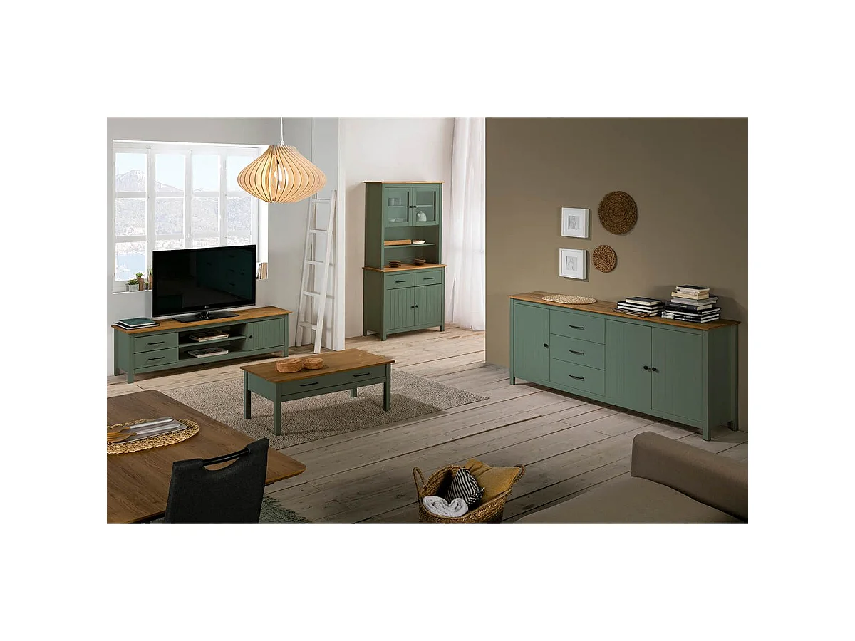 TINA - Meuble TV 1 Porte 2 Tiroirs Bois Ciré et Vert