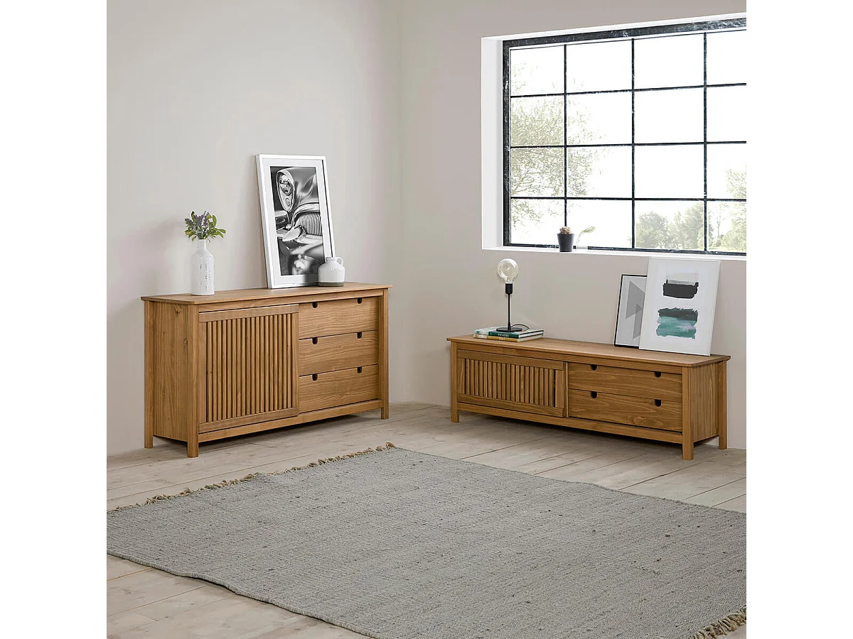 MALIA - Meuble TV 1 Porte Coul. 2 Tiroirs Bois Ciré