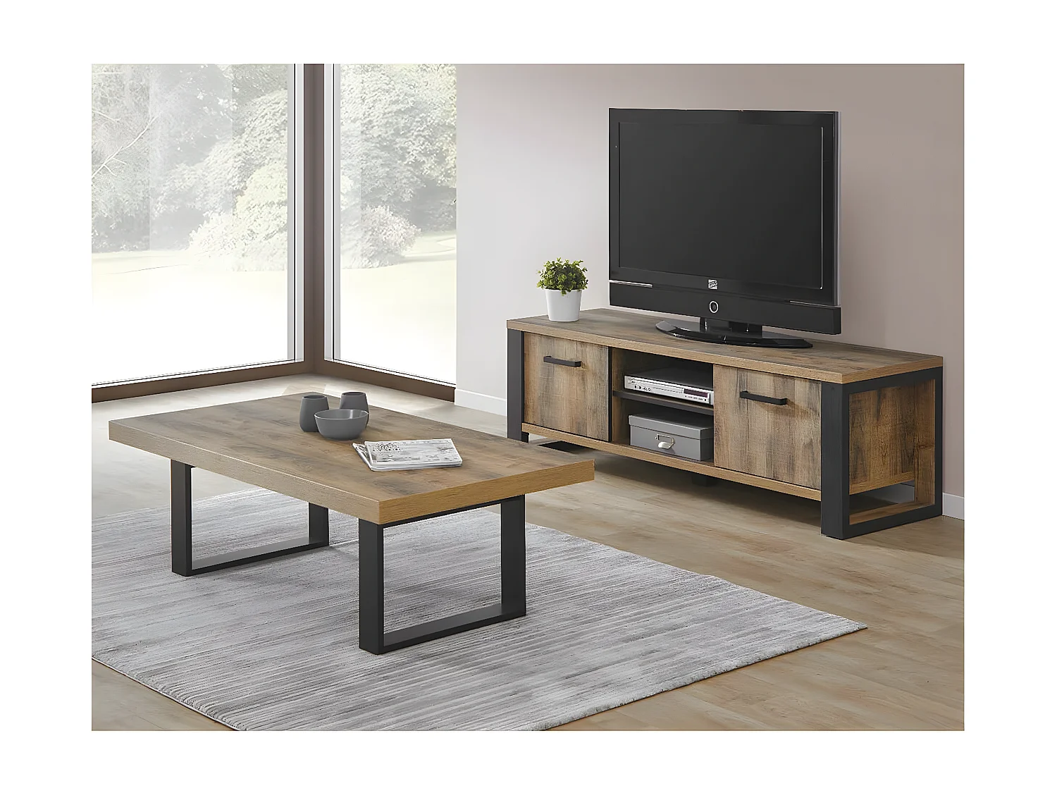 KORA - Meuble TV 2 Portes Aspect Bois et Métal Poudré Noir