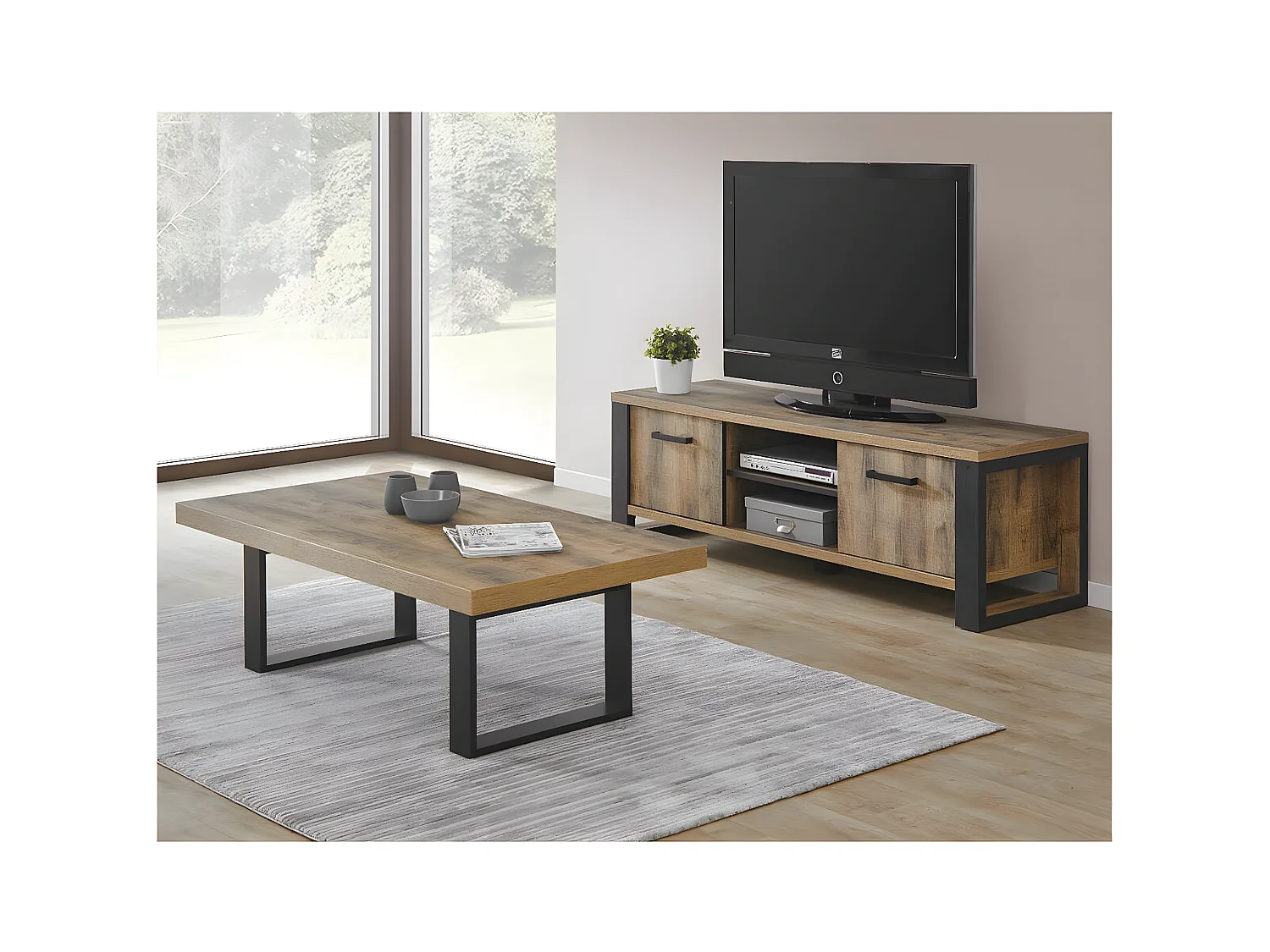 KORA - Meuble TV 2 Portes Aspect Bois et Métal Poudré Noir