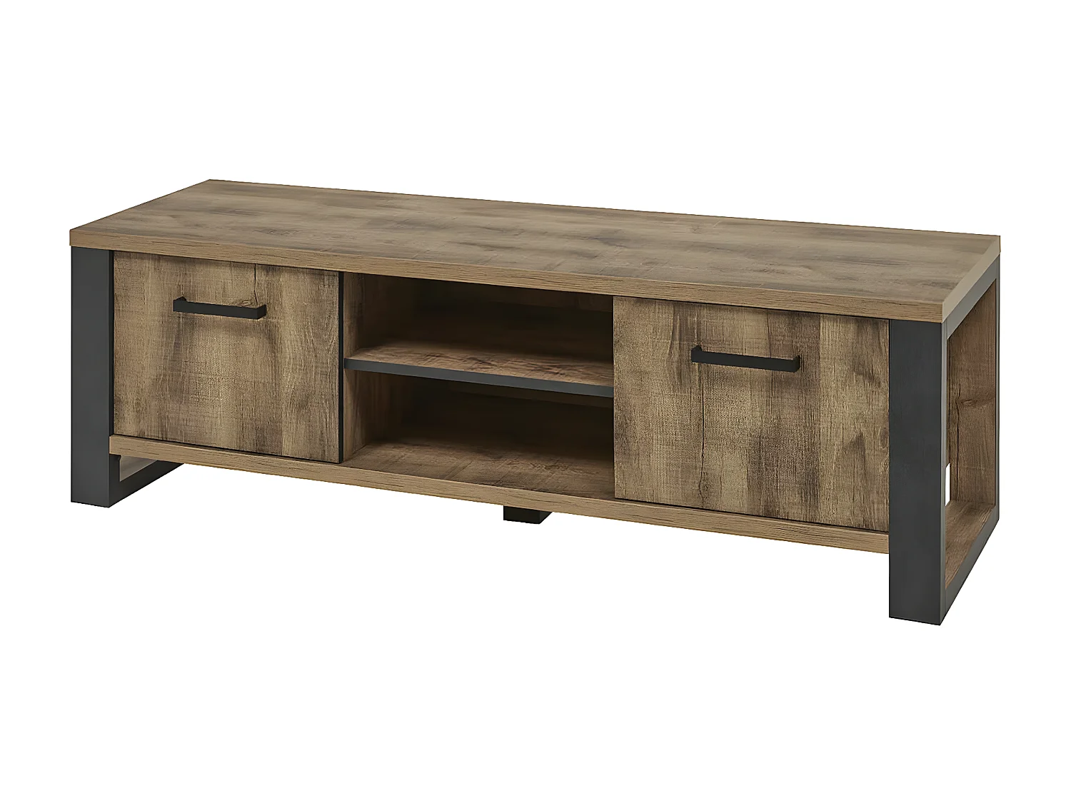 KORA - Meuble TV 2 Portes Aspect Bois et Métal Poudré Noir