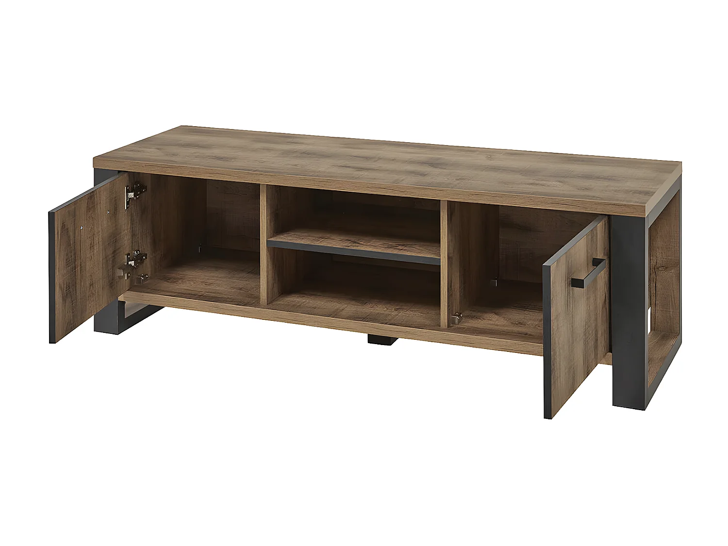 KORA - Meuble TV 2 Portes Aspect Bois et Métal Poudré Noir