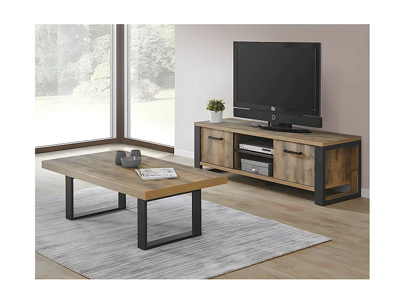 KORA - Meuble TV 2 Portes Aspect Bois et Métal Poudré Noir