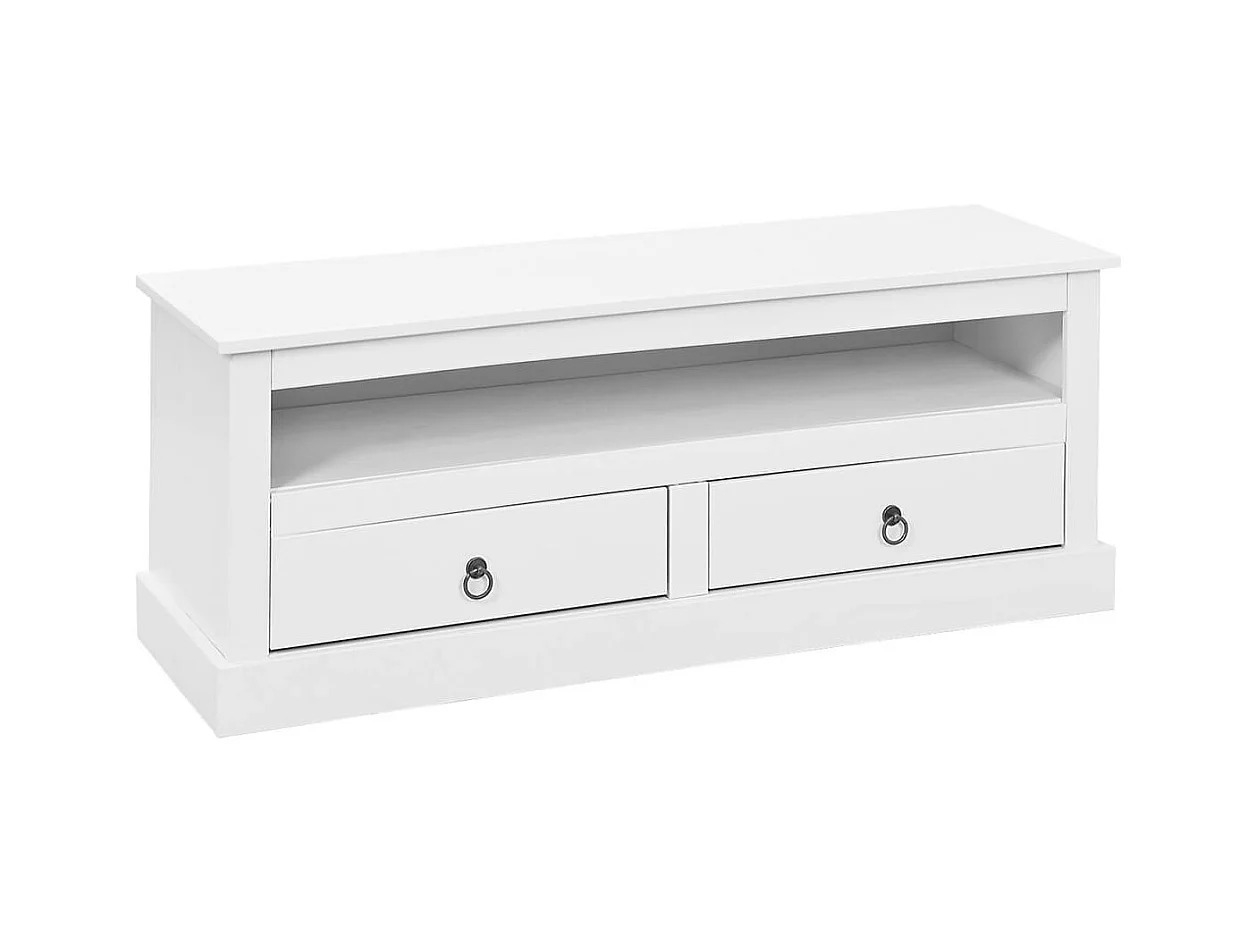 NATUR - Meuble TV 2 Tiroirs Bois Massif Vernis Blanc