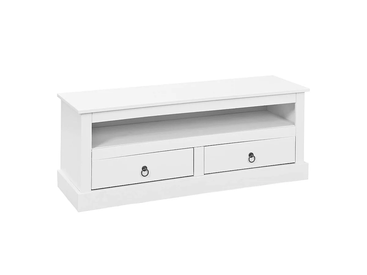 NATUR - Meuble TV 2 Tiroirs Bois Massif Vernis Blanc