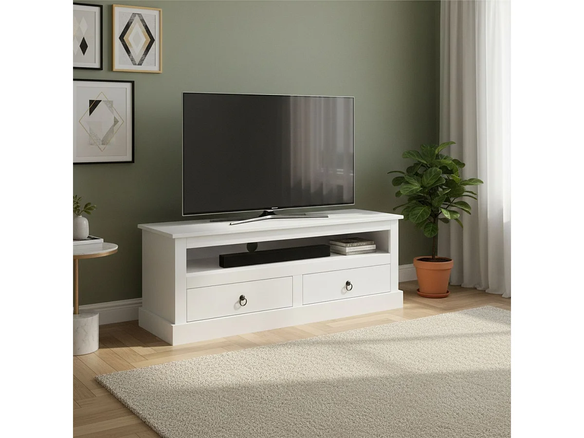 NATUR - Meuble TV 2 Tiroirs Bois Massif Vernis Blanc