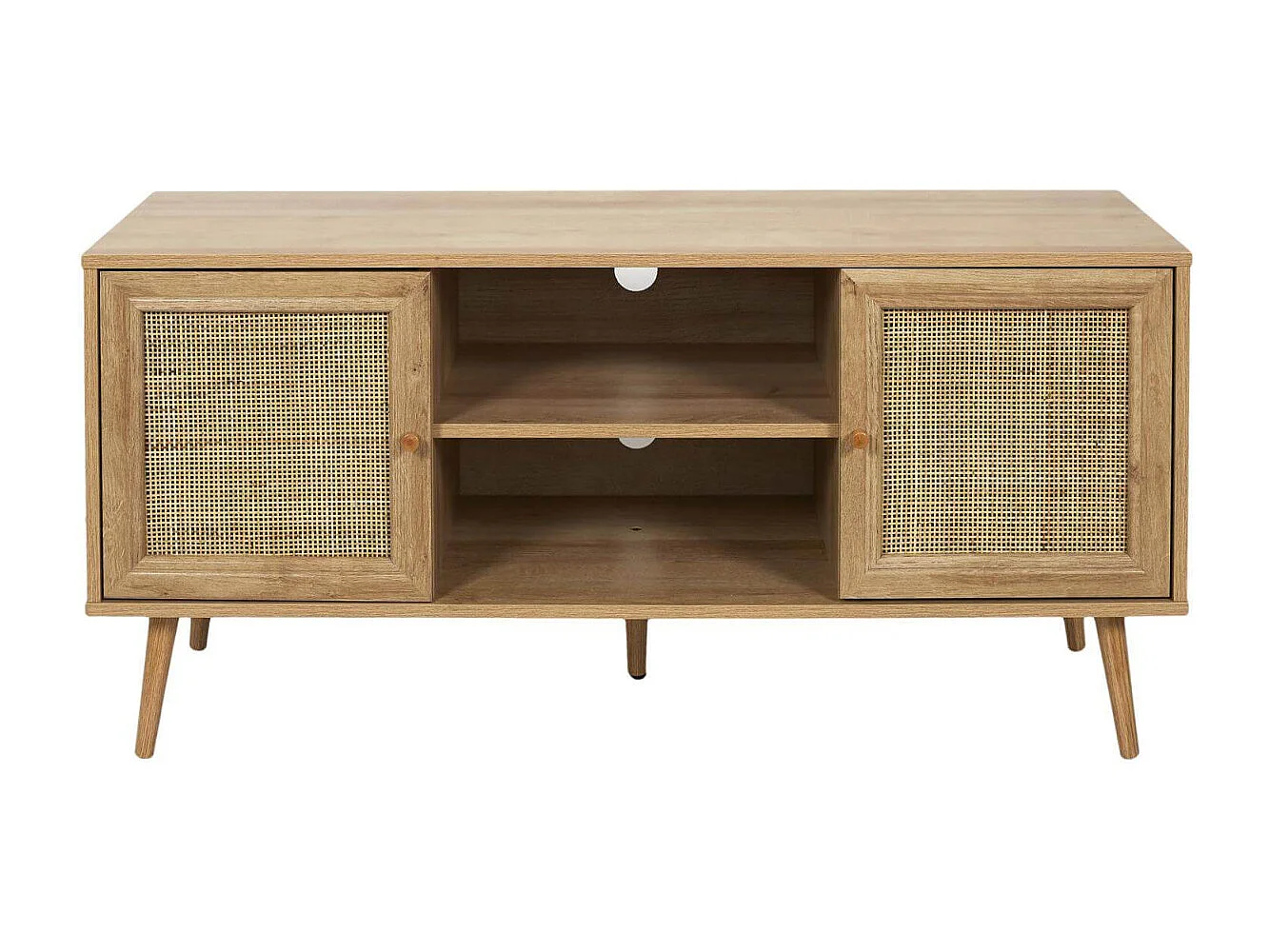 MAYA - Meuble TV 2 Portes Effet Bois et Façades Rotin