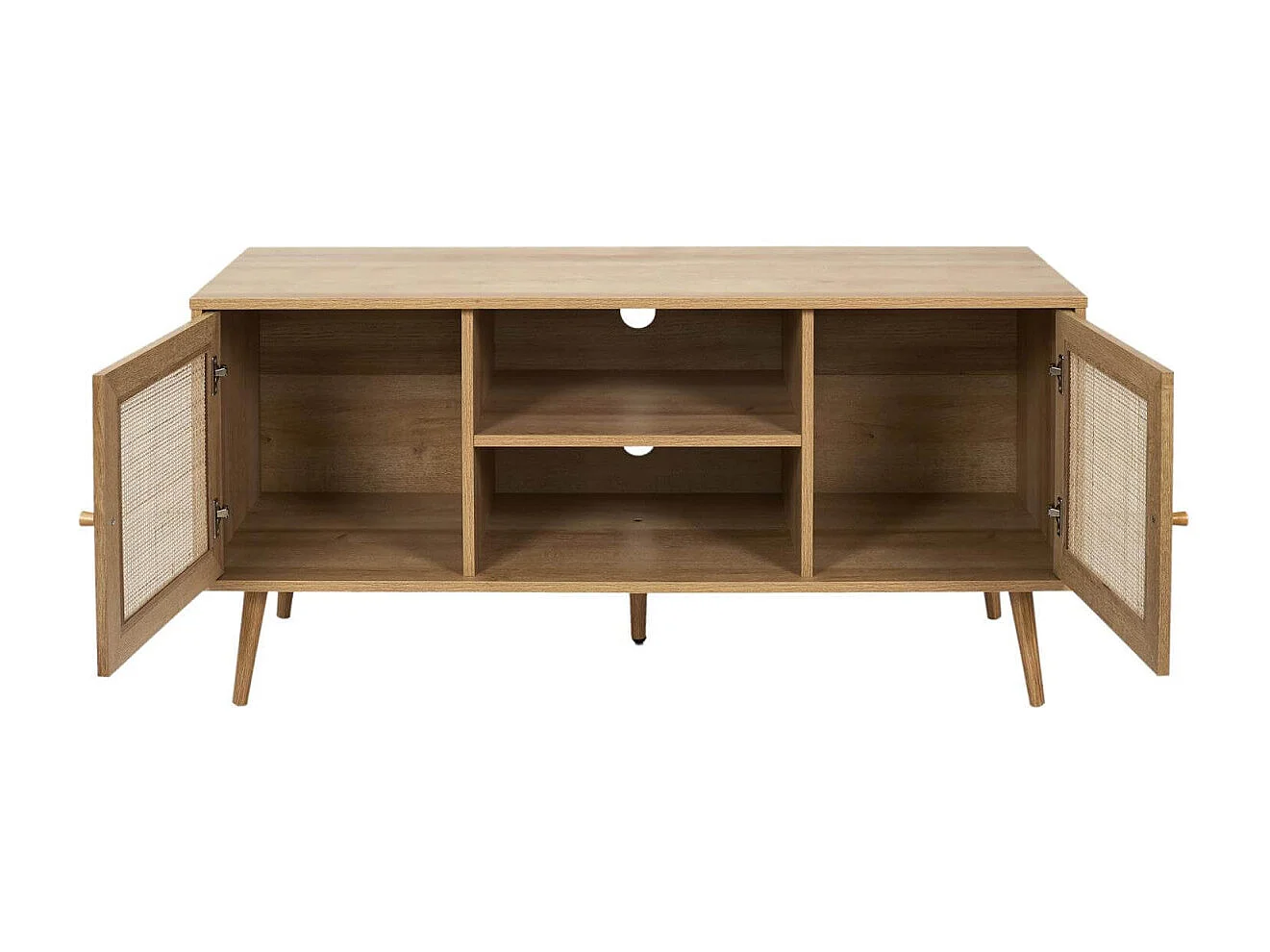 MAYA - Meuble TV 2 Portes Effet Bois et Façades Rotin