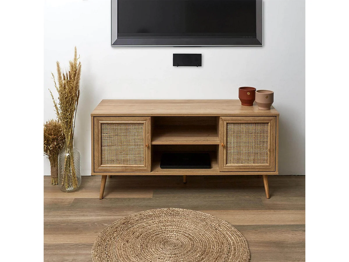 MAYA - Meuble TV 2 Portes Effet Bois et Façades Rotin