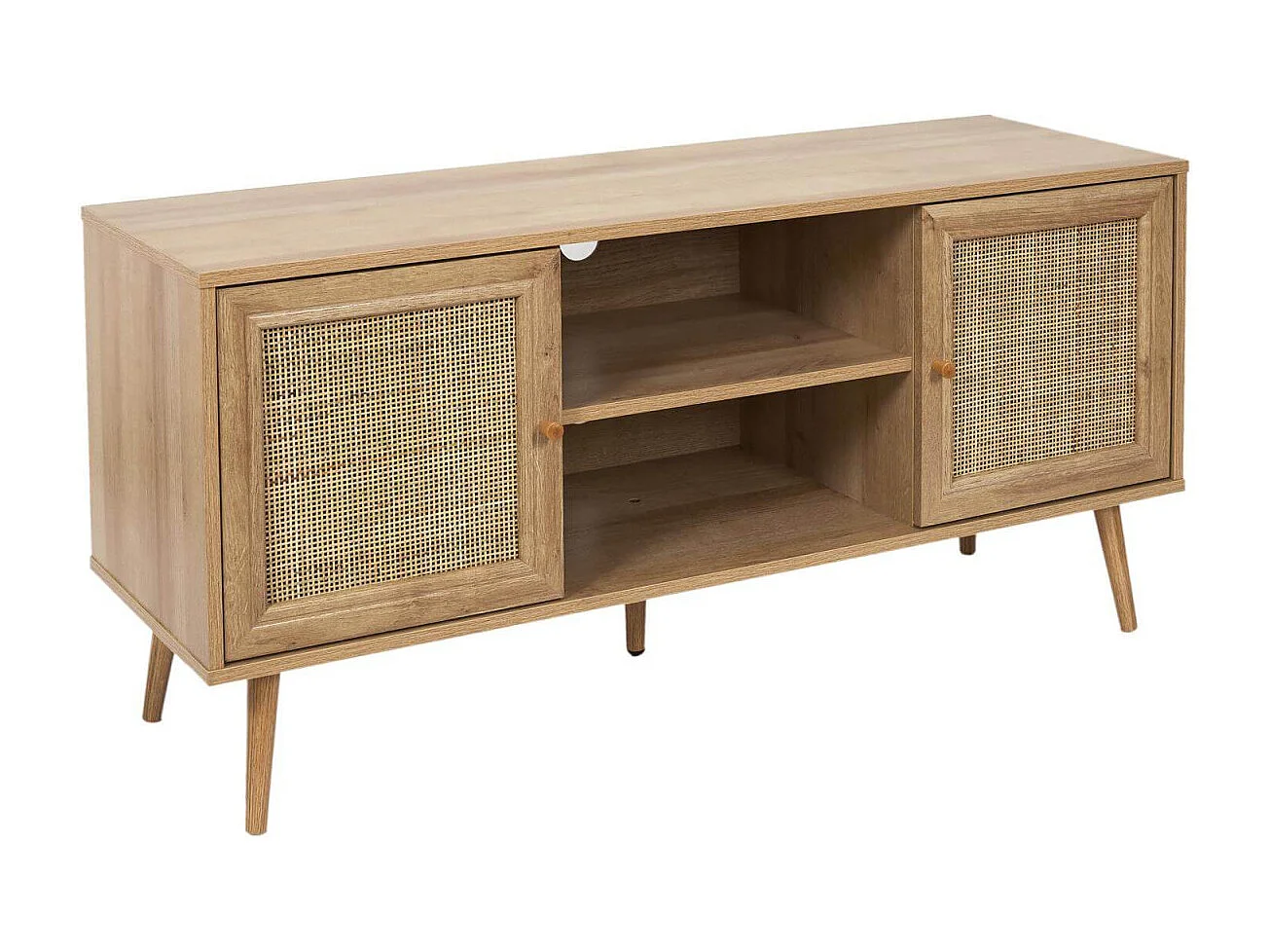 MAYA - Meuble TV 2 Portes Effet Bois et Façades Rotin