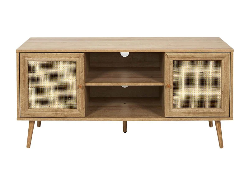 MAYA - Meuble TV 2 Portes Effet Bois et Façades Rotin