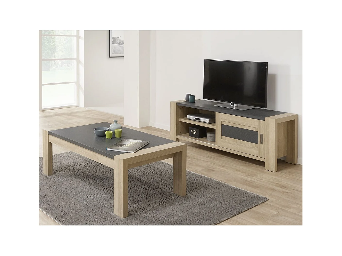IRIS - Meuble TV 1 Porte Coulissante Imitation Bois