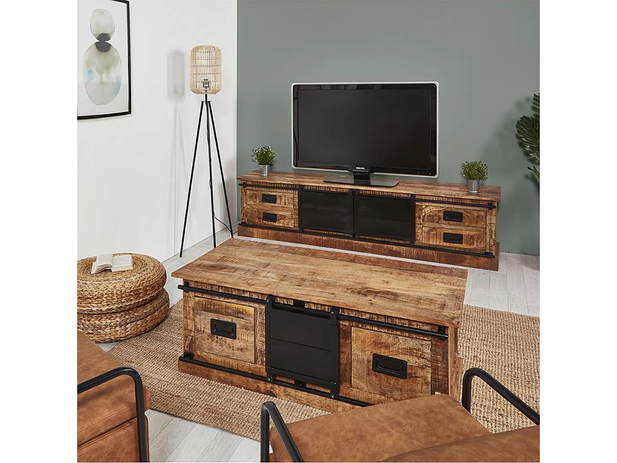 SUMATRA - Meuble TV Manguier et Métal Noir