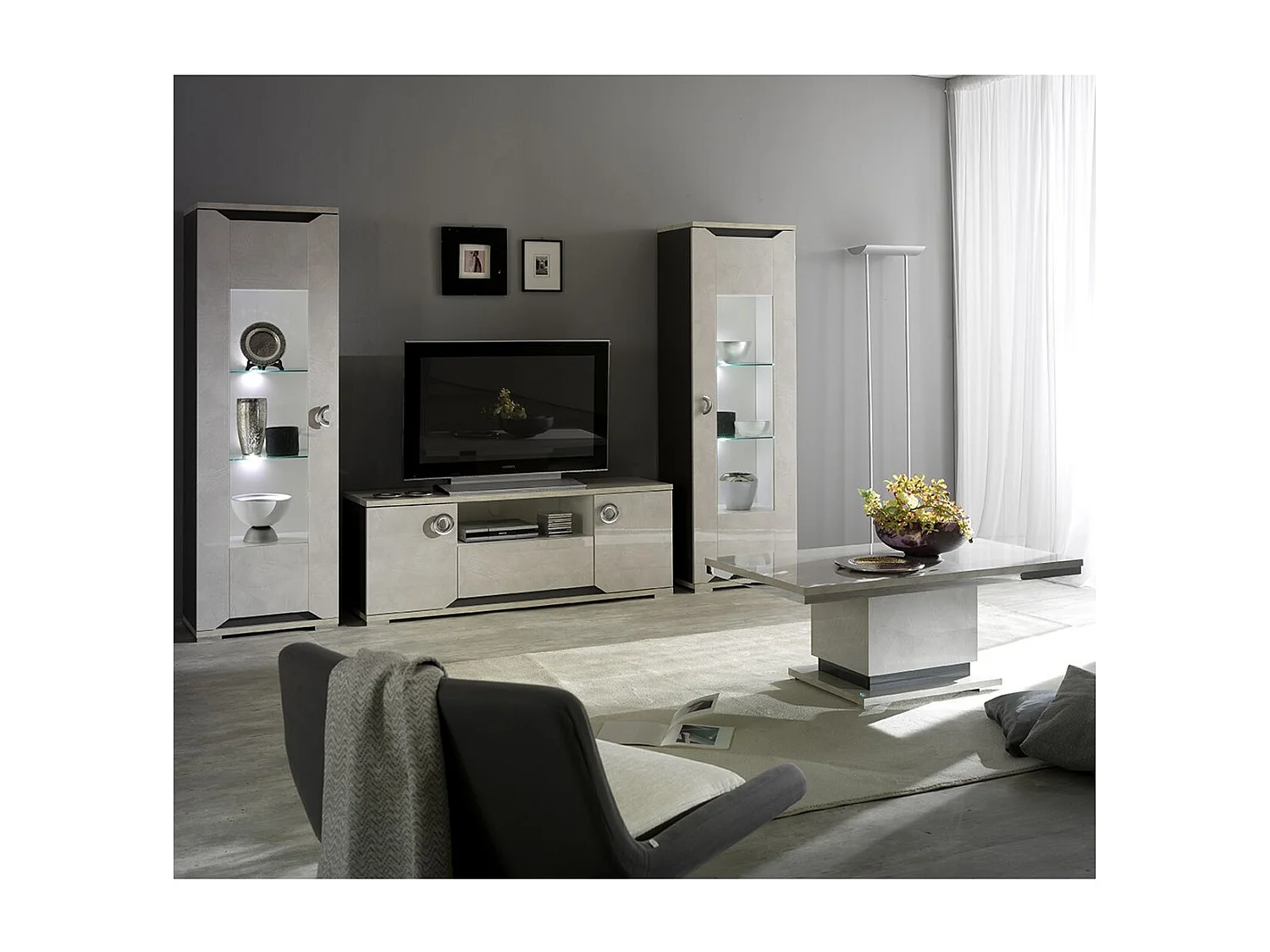 BRISE - Meuble TV Effet Béton Laqué 2 Portes