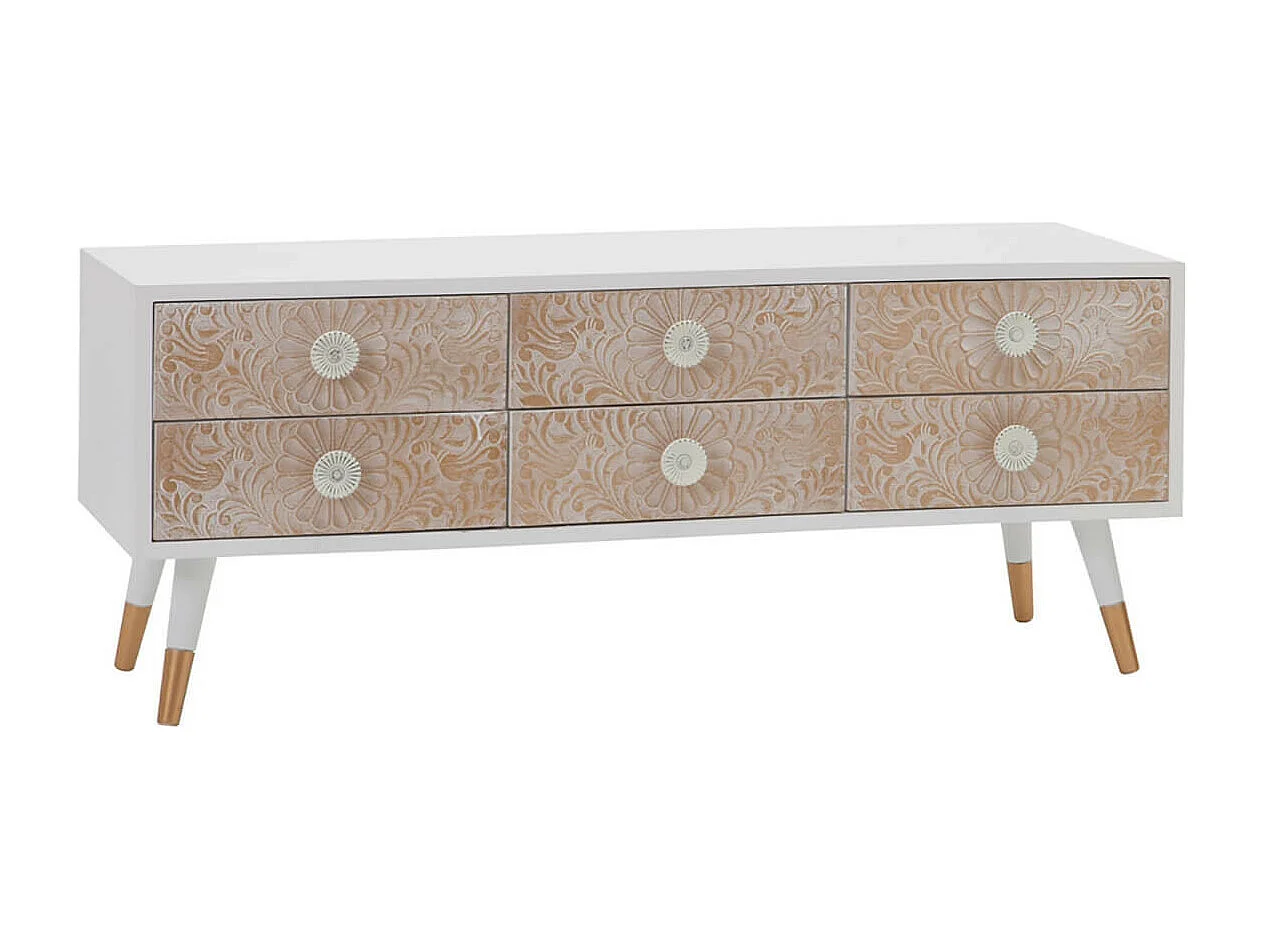 MARUVA - Meuble TV 6 Tiroirs Pin Massif Marron et Blanc