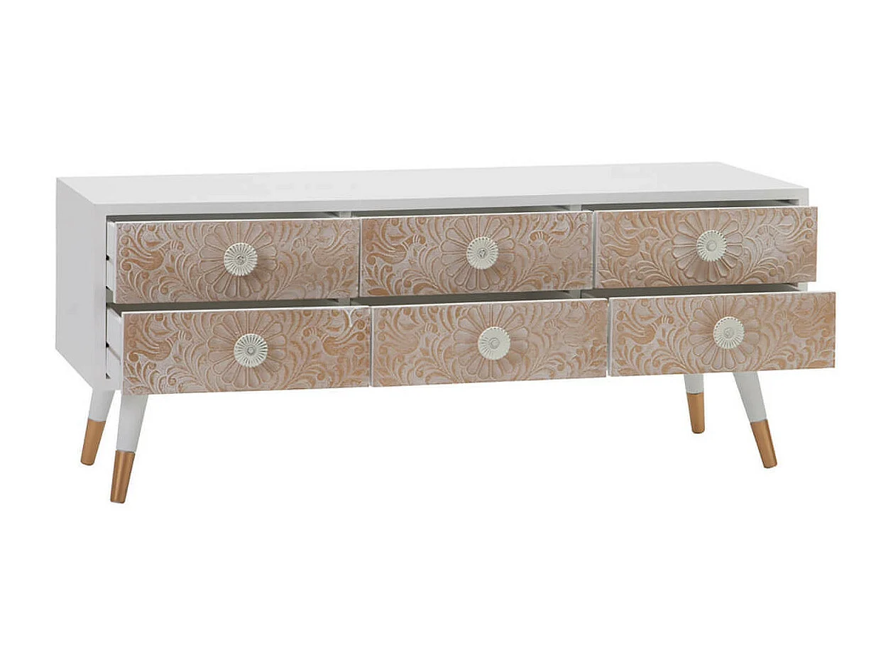 MARUVA - Meuble TV 6 Tiroirs Pin Massif Marron et Blanc