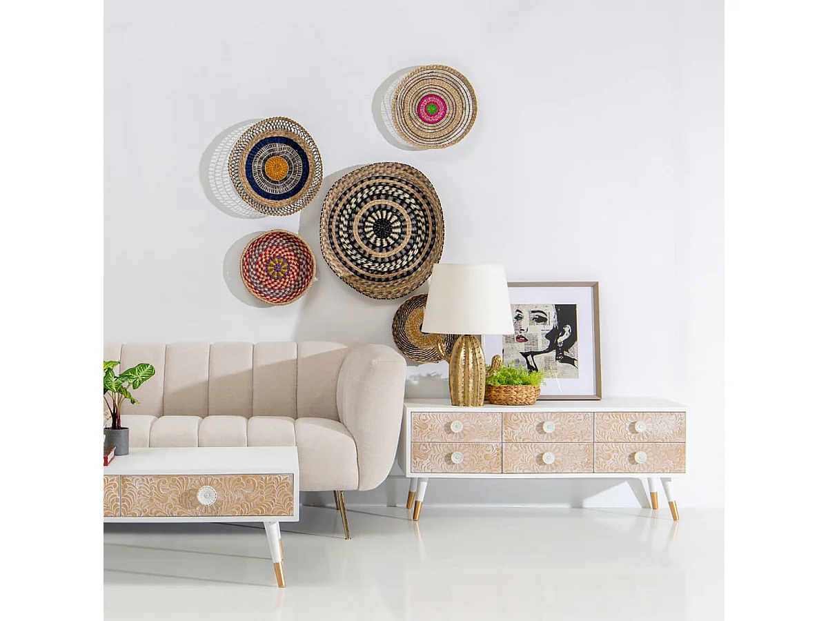 MARUVA - Meuble TV 6 Tiroirs Pin Massif Marron et Blanc