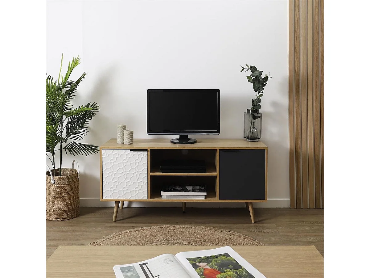 KRAK - Meuble TV Aspect Bois et Motif Craquelé Blanc