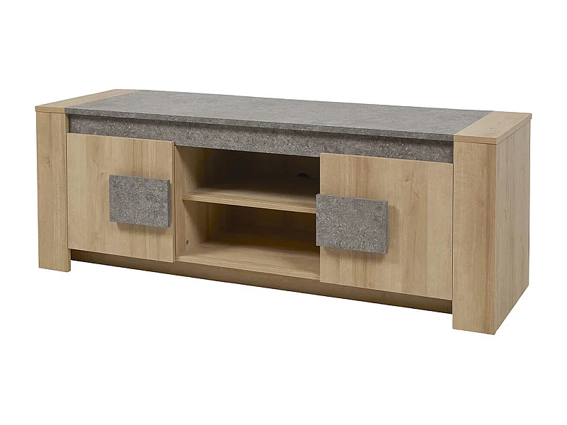 FANNY - Meuble TV 2 Portes Aspect Bois et Pierre