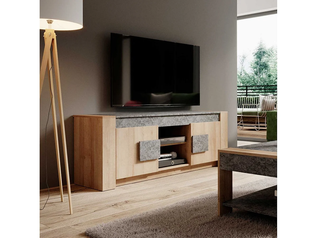 FANNY - Meuble TV 2 Portes Aspect Bois et Pierre