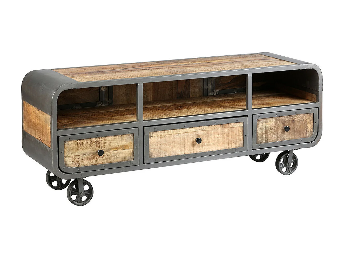 EDWIN - Meuble TV 3 Tiroirs Acier et Bois Massif