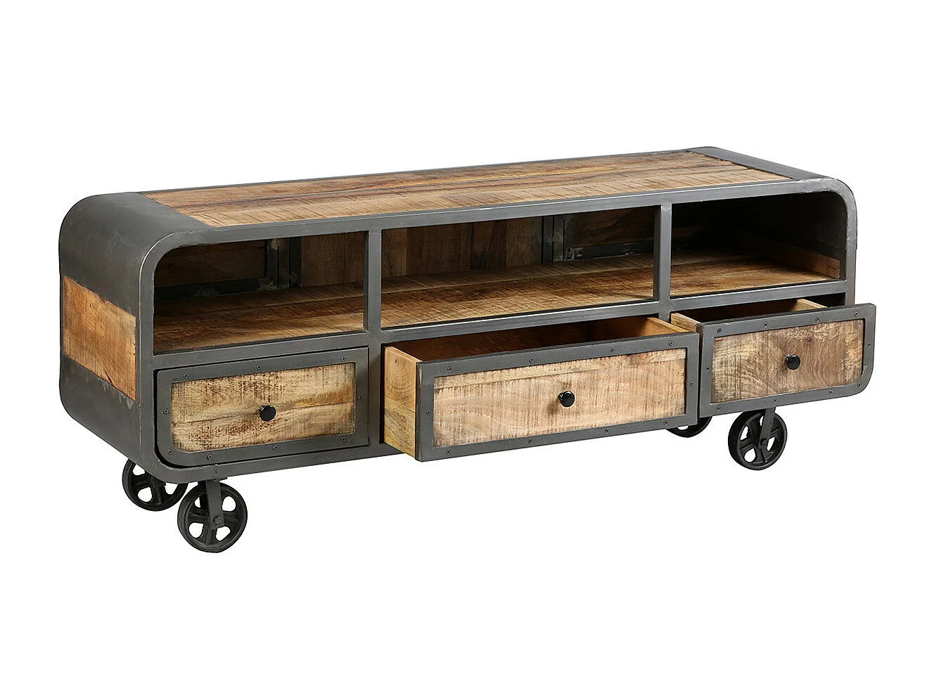 EDWIN - Meuble TV 3 Tiroirs Acier et Bois Massif