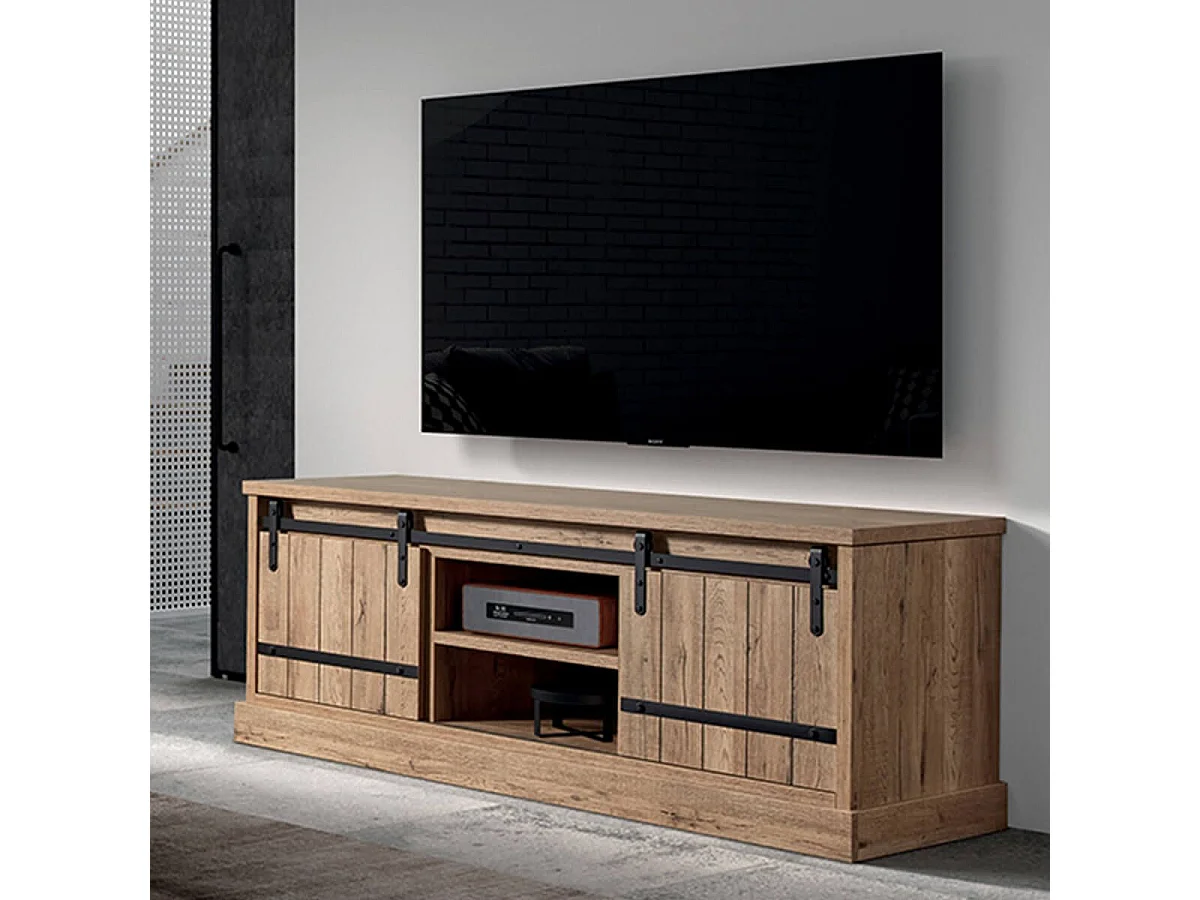 CEDRA - Meuble TV Industriel 2 Portes Coulissantes