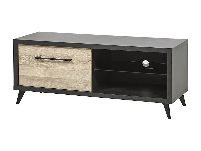 EMILE - Meuble TV 1 Tiroir 2 Niches Aspect Bois et Béton