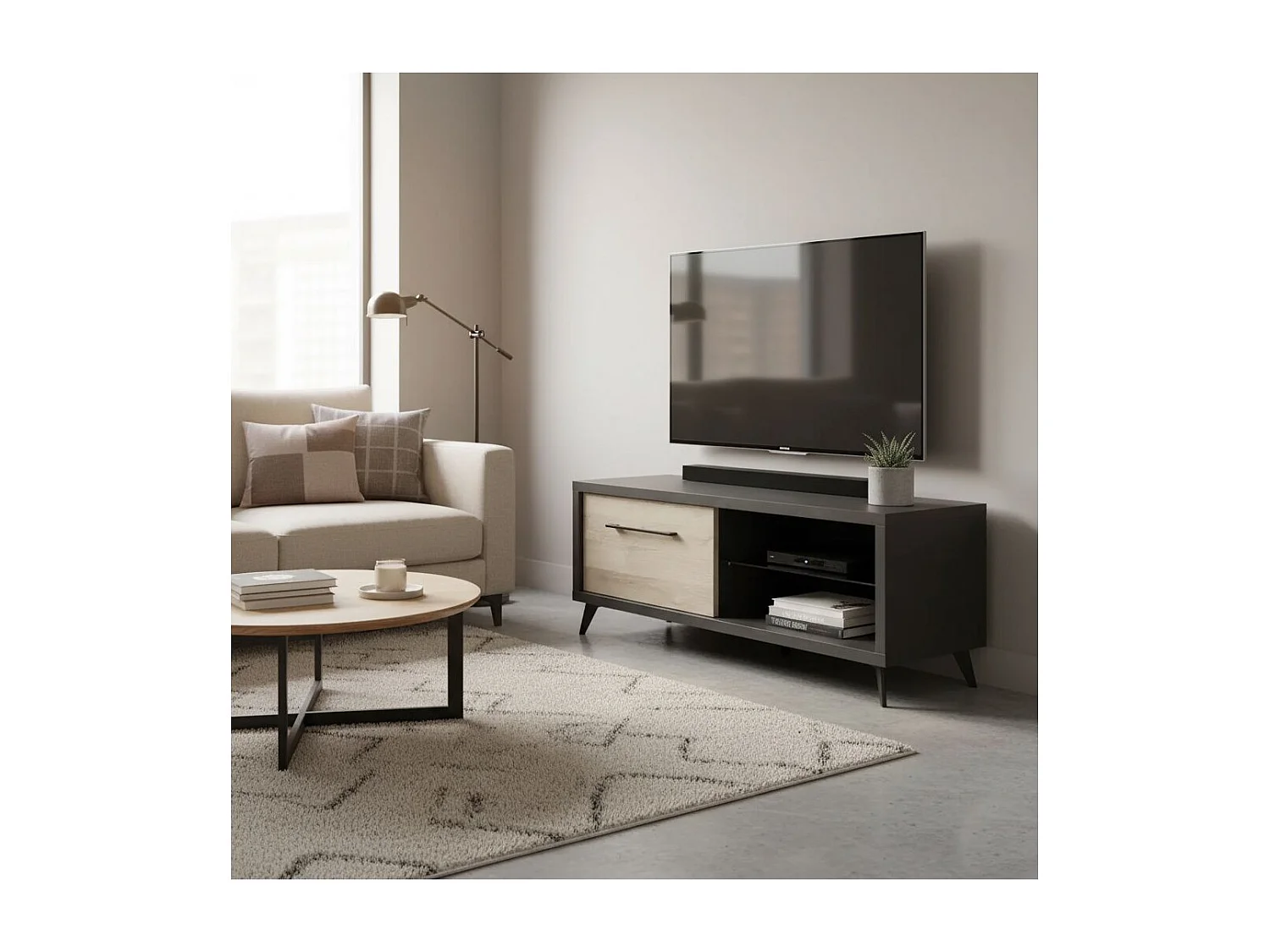 EMILE - Meuble TV 1 Tiroir 2 Niches Aspect Bois et Béton