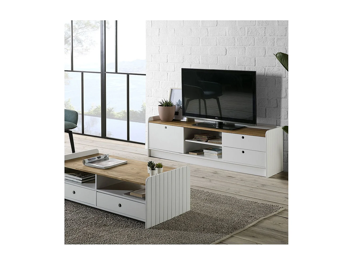 CARLA - Meuble TV 1 Porte Coul. 2 Tiroirs Bois et Blanc