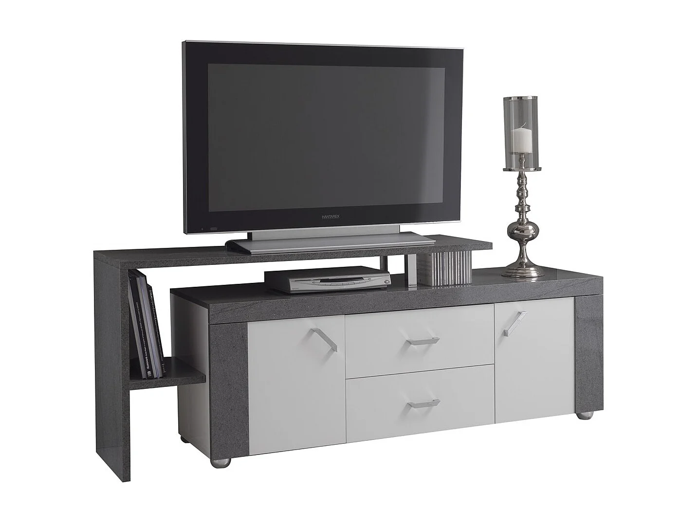 LUNA - Meuble TV Gris avec plateau 2 Portes 2 Tiroir