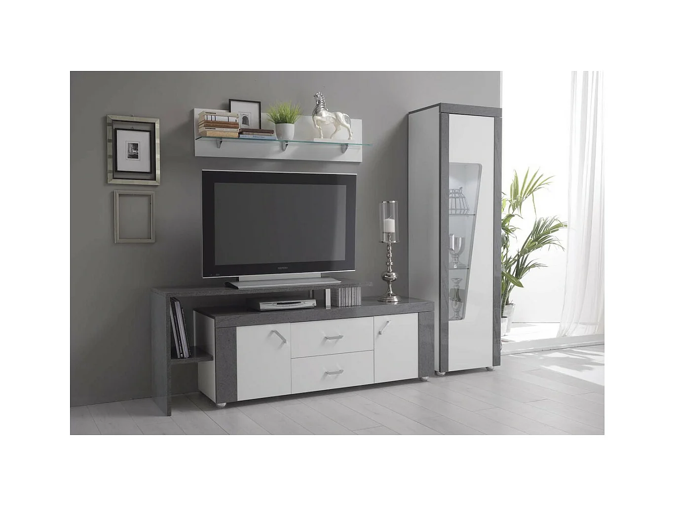 LUNA - Meuble TV Gris avec plateau 2 Portes 2 Tiroir