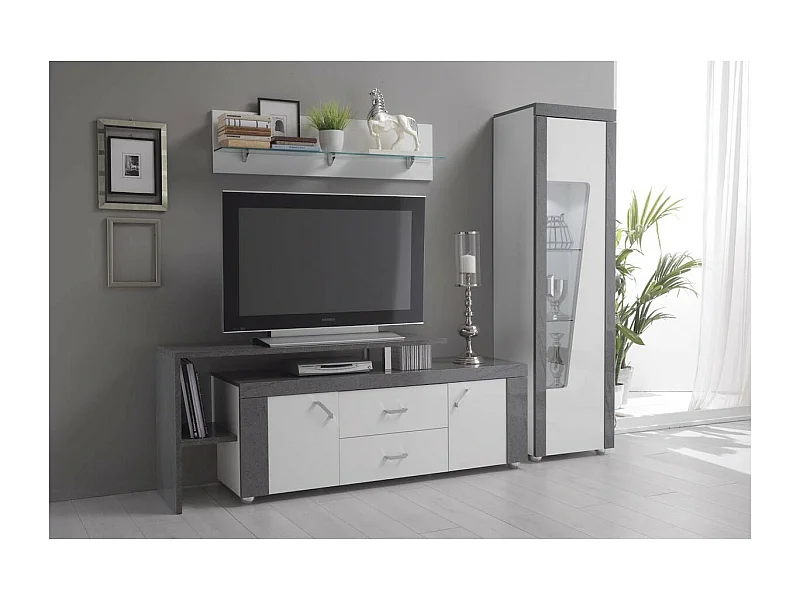 LUNA - Meuble TV Gris avec plateau 2 Portes 2 Tiroir