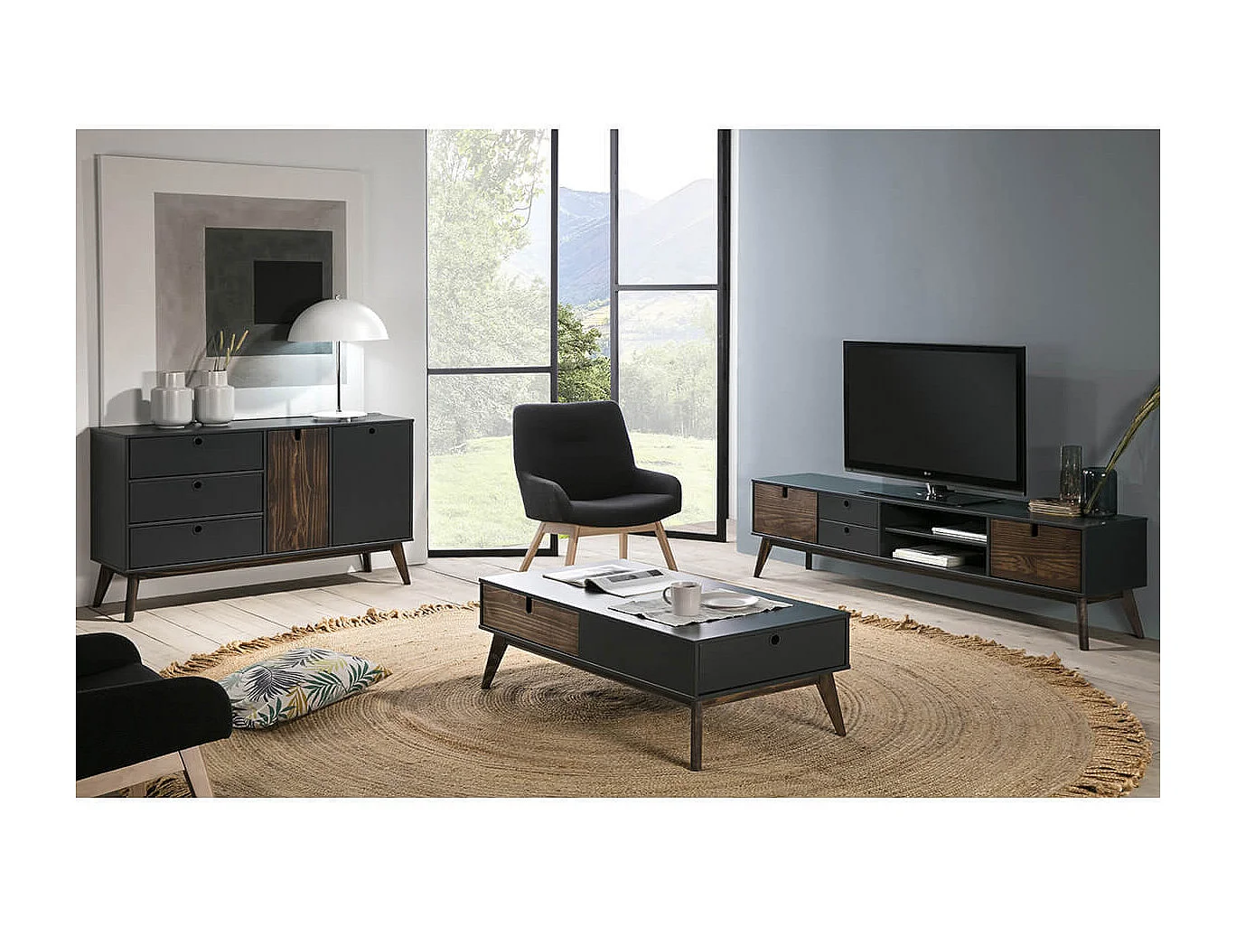 LILY - Meuble TV 2 Portes 2 Tiroirs Bois et Gris foncé