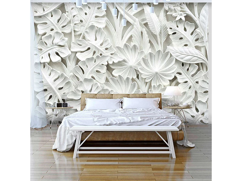 Papier peint feuillage blanc en relief pour déco raffinée - 350 x 245 cm