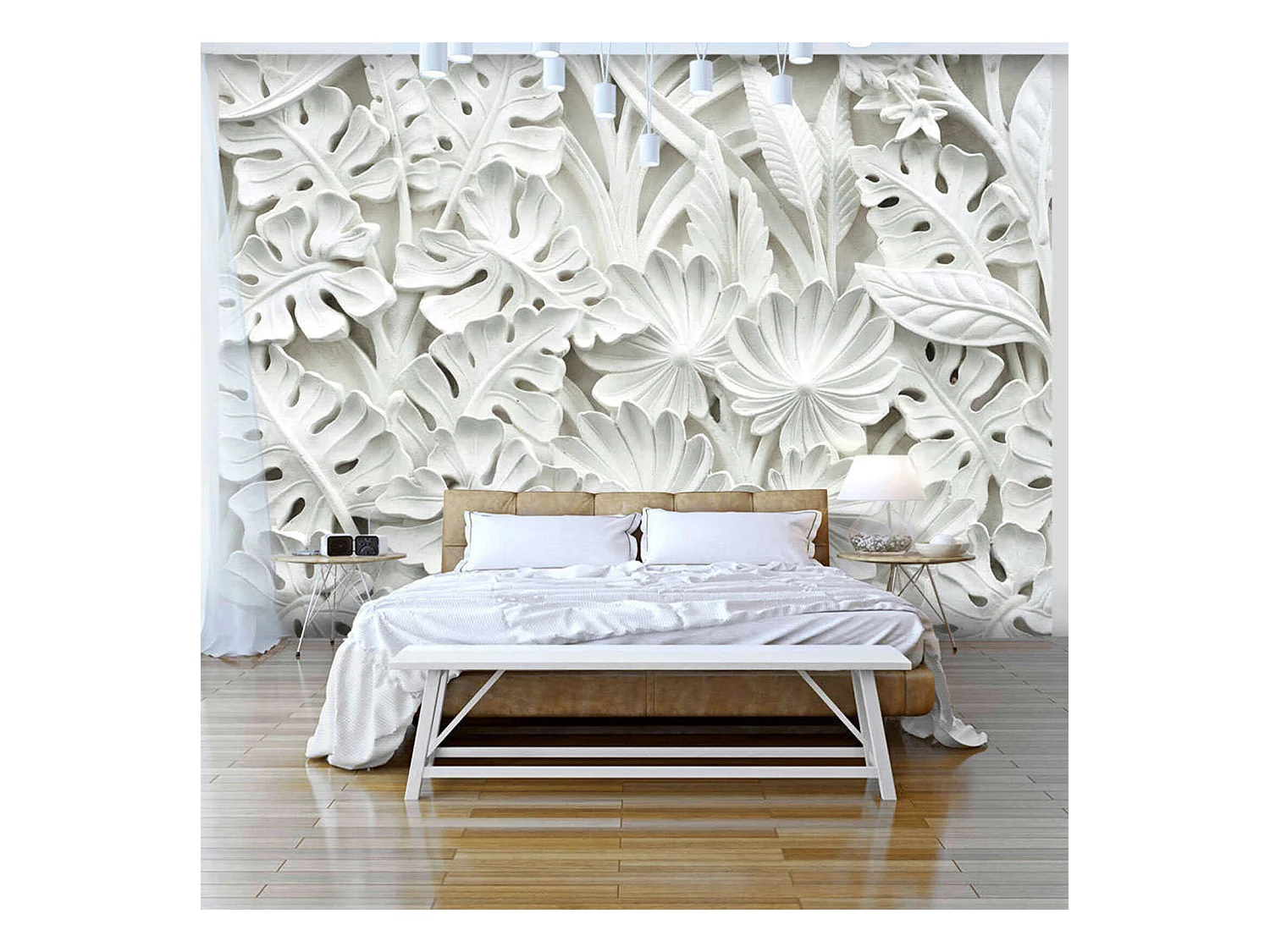 Papier peint feuillage blanc en relief pour déco raffinée - 350 x 245 cm