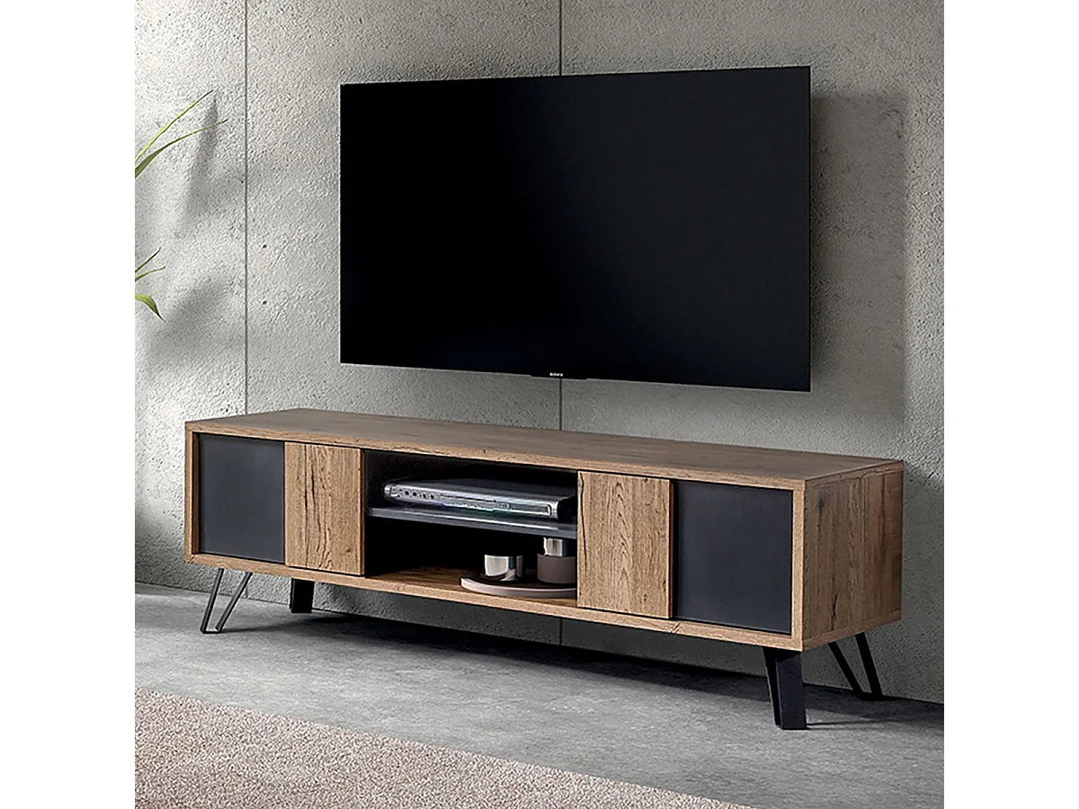 CARSON - Meuble TV 2 Portes Effet Bois Naturel et Noir