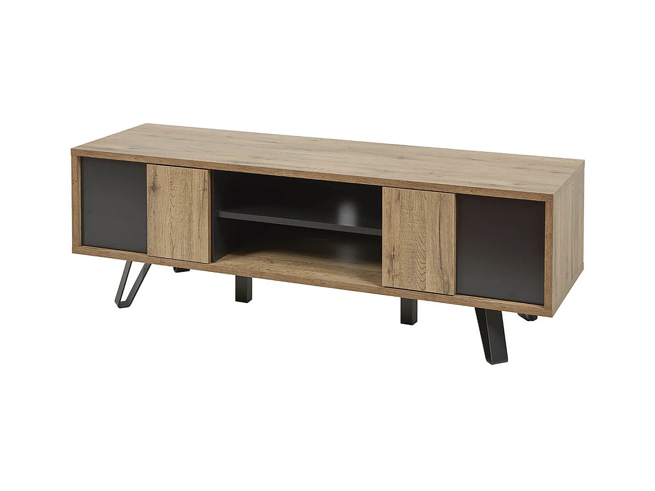 CARSON - Meuble TV 2 Portes Effet Bois Naturel et Noir