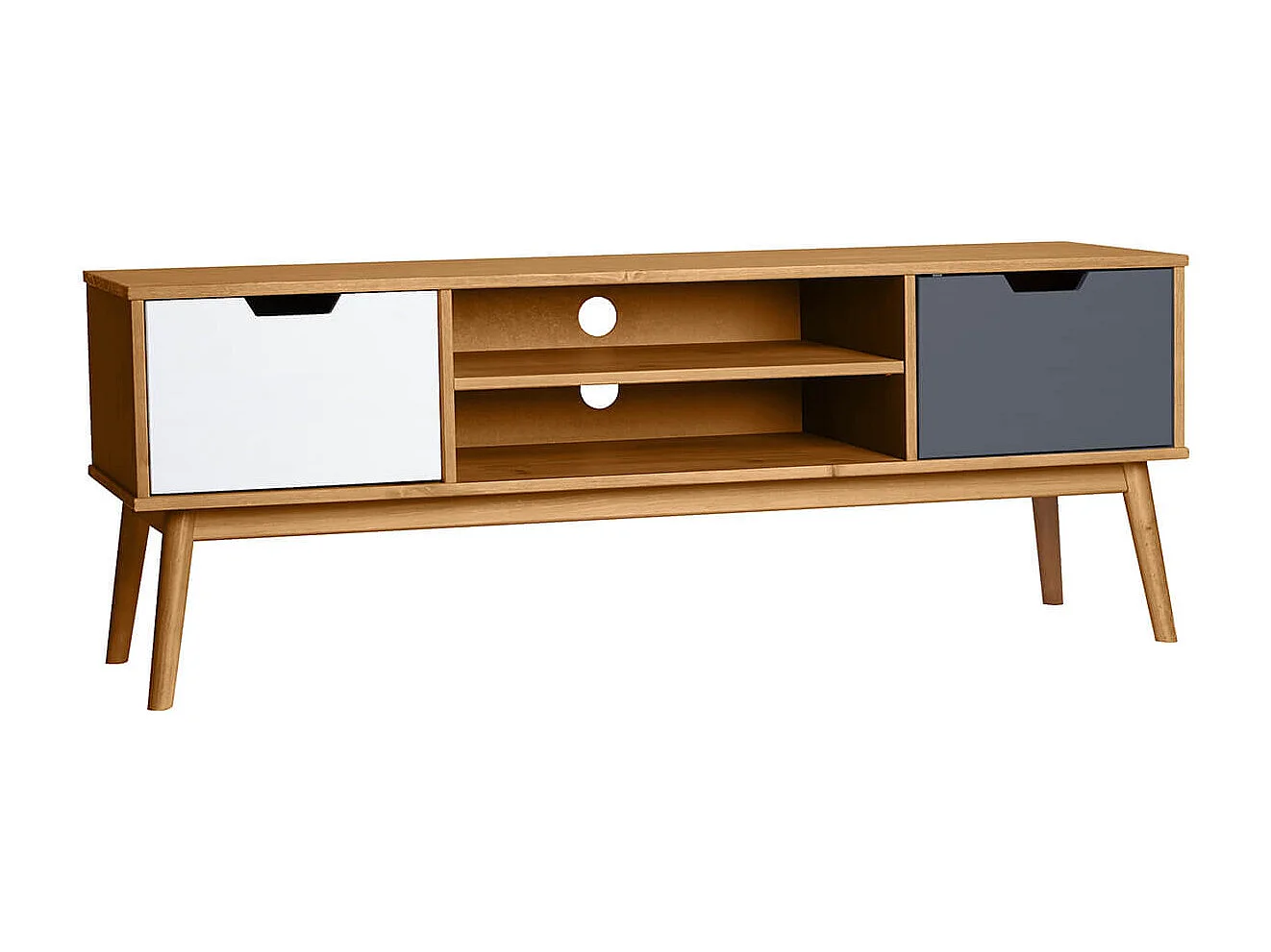 MARAS - Meuble TV 2 Portes Bois Massif, Blanc et Gris