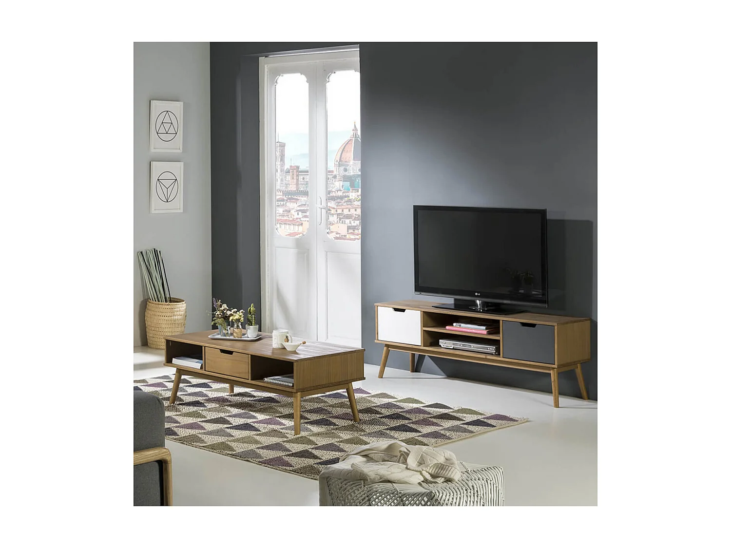 MARAS - Meuble TV 2 Portes Bois Massif, Blanc et Gris