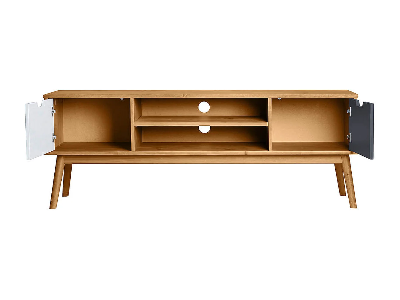 MARAS - Meuble TV 2 Portes Bois Massif, Blanc et Gris