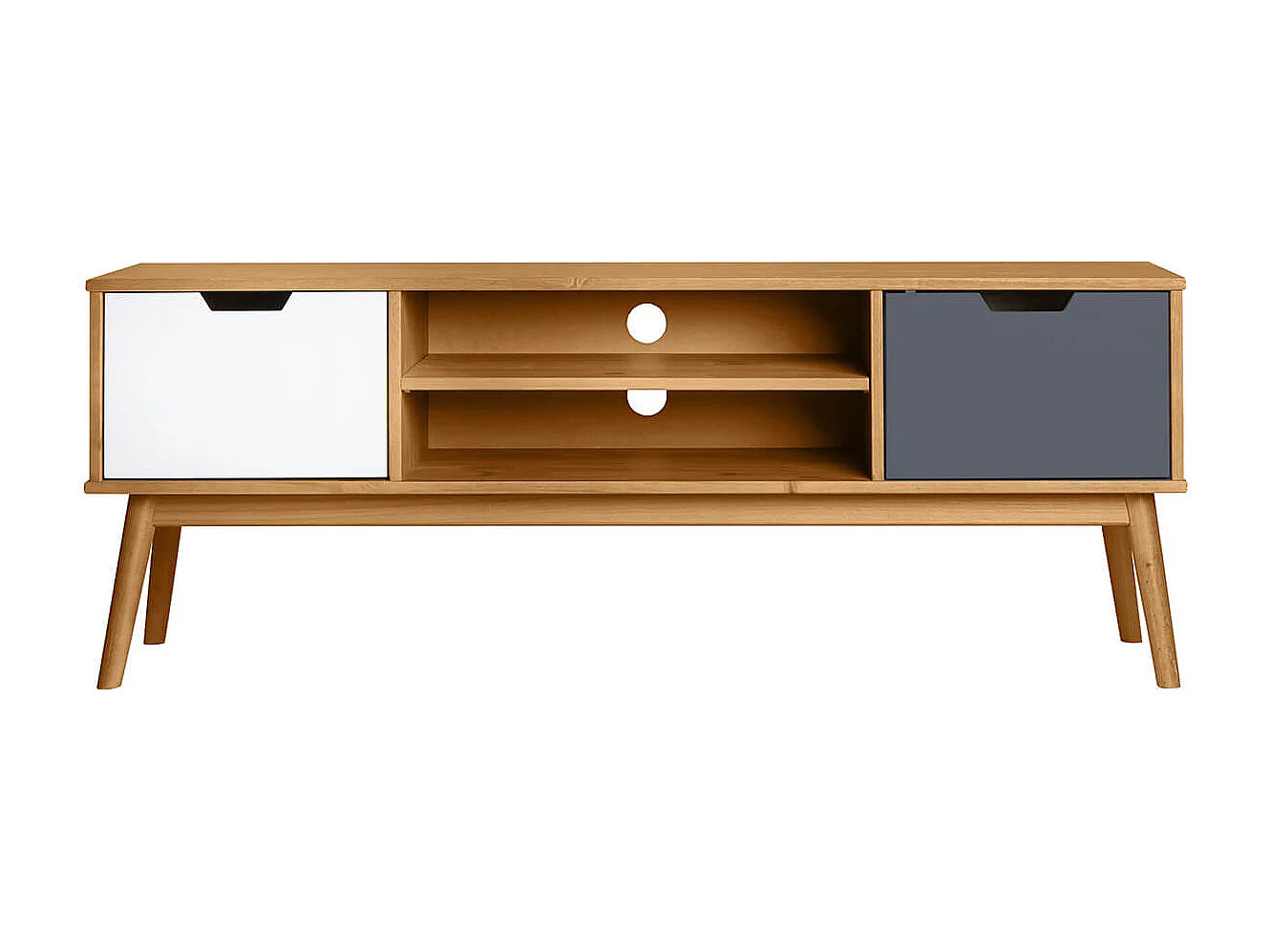 MARAS - Meuble TV 2 Portes Bois Massif, Blanc et Gris