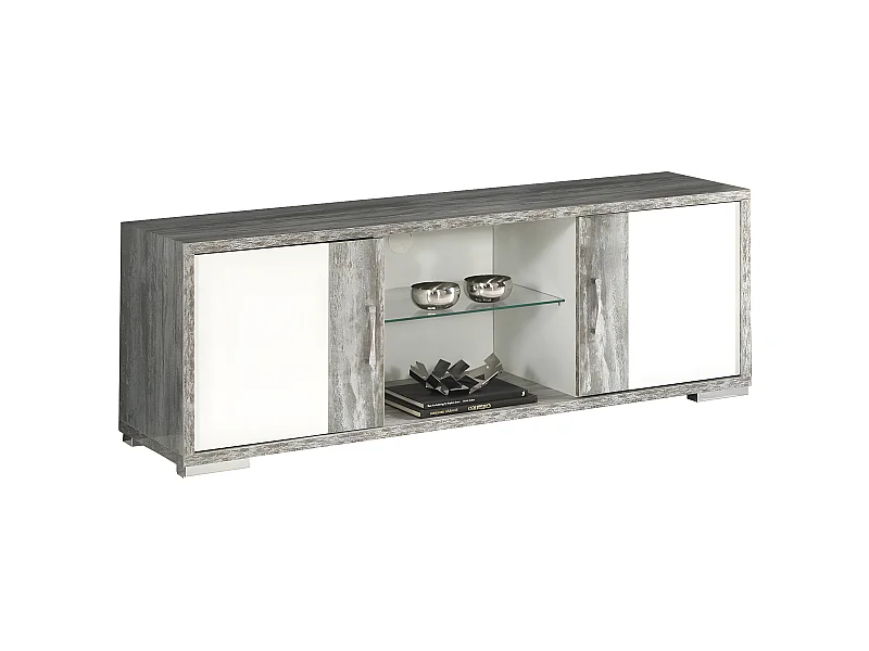 DENYS - Meuble TV 2 Portes Laqué Blanc et Effet Bois Taupe