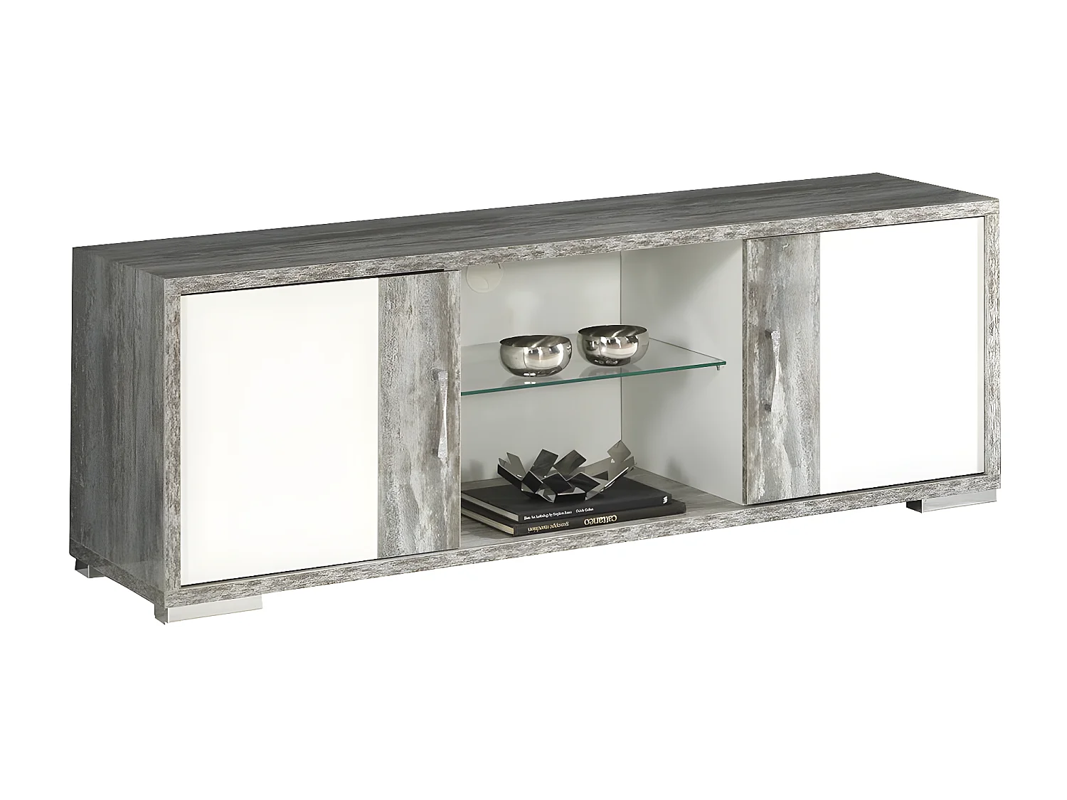 DENYS - Meuble TV 2 Portes Laqué Blanc et Effet Bois Taupe