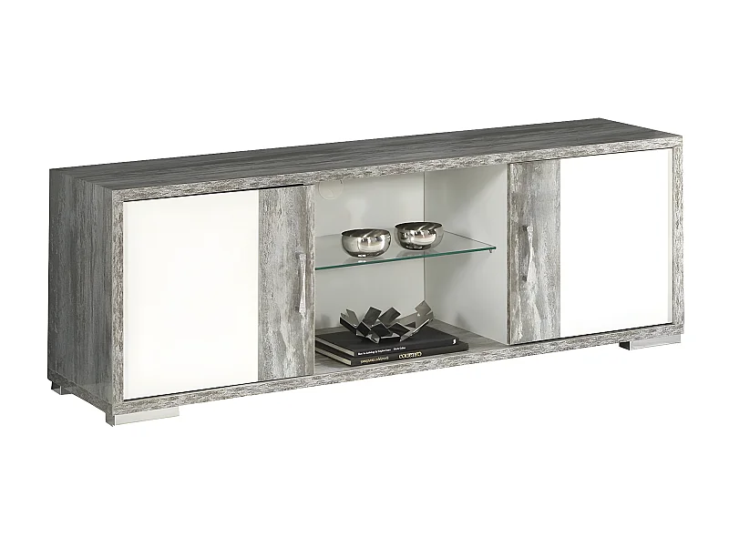 DENYS - Meuble TV 2 Portes Laqué Blanc et Effet Bois Taupe