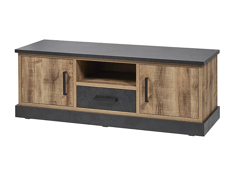 JENNA - Meuble TV 2 Portes Aspect Bois et Métal Poudré Noir