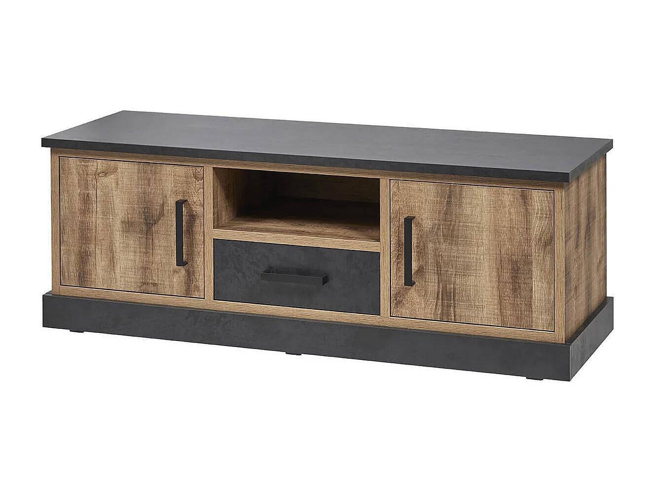 JENNA - Meuble TV 2 Portes Aspect Bois et Métal Poudré Noir