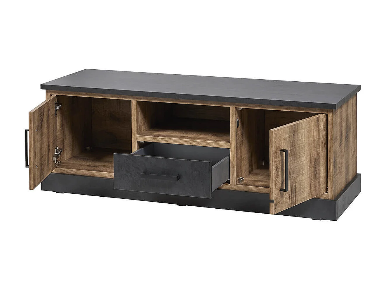 JENNA - Meuble TV 2 Portes Aspect Bois et Métal Poudré Noir