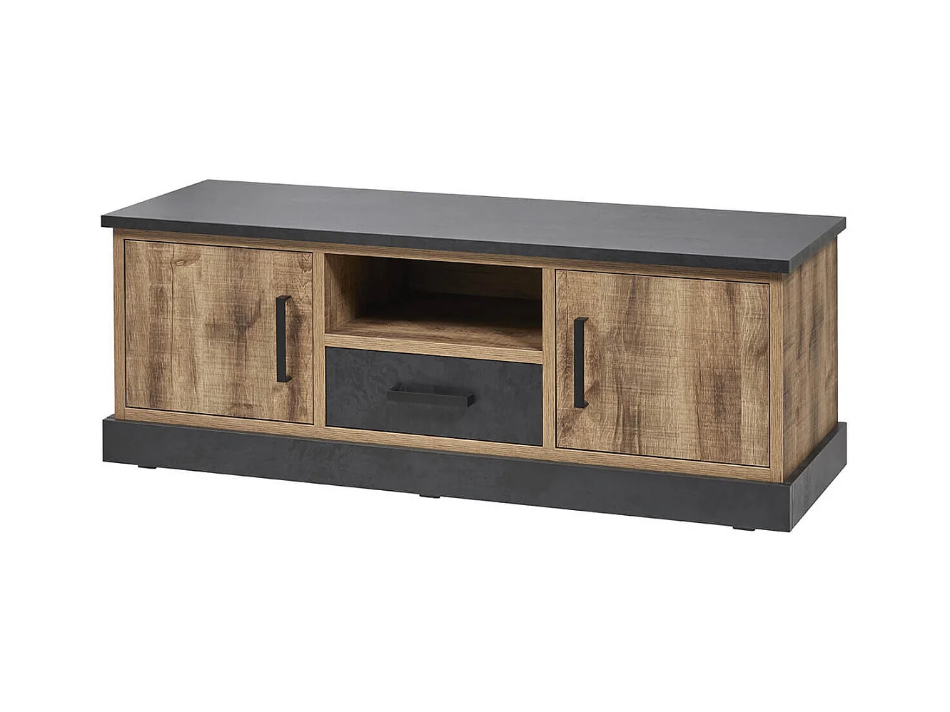 JENNA - Meuble TV 2 Portes Aspect Bois et Métal Poudré Noir